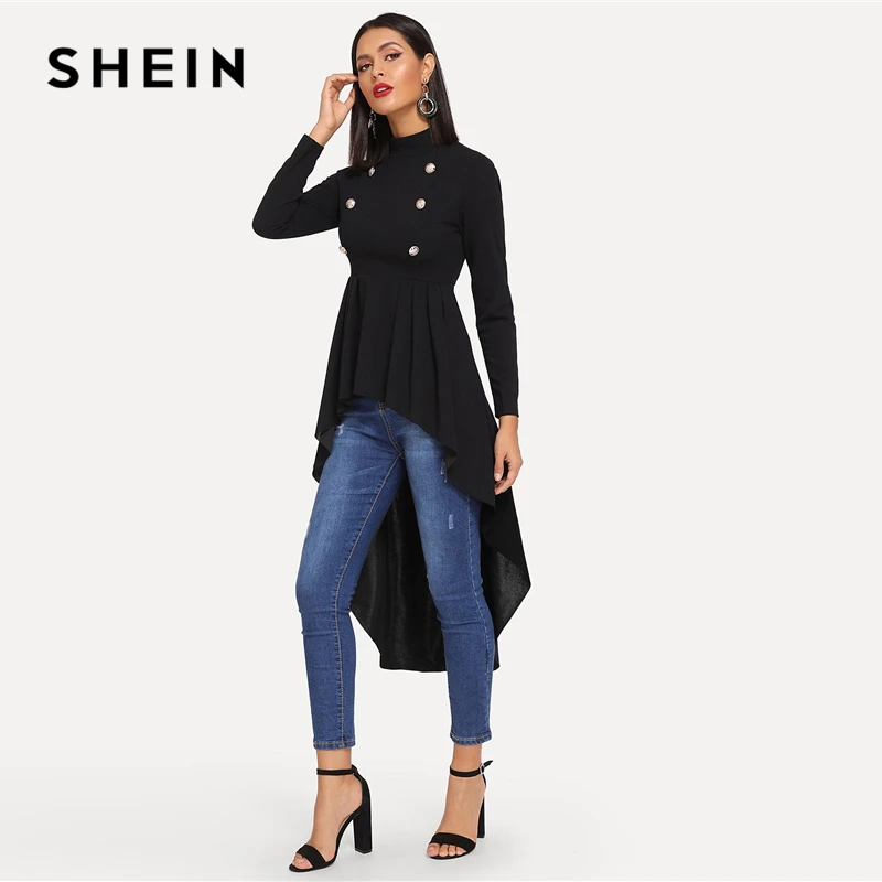 SHEIN Стильный Топ С Асимметричным Низом Черная Модная Блузка Со Стоячим