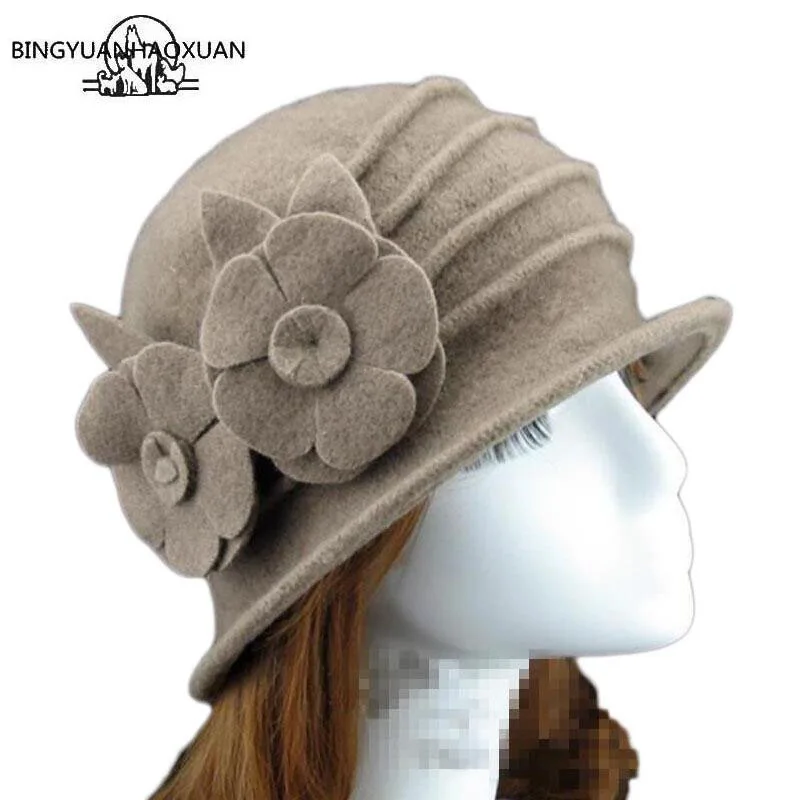 

100% Wool 2 Flower Dome Fedoras Spring Fall Winter Warm Middle Aged Mom Comfortable Hats High Quality Drop Shipping