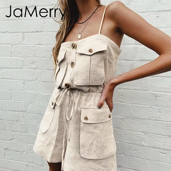 

JaMerry Vintage casual strap women summer romper Pockets sexy short female jumpsuit Loose solid overall cargo jumpsuits 2019