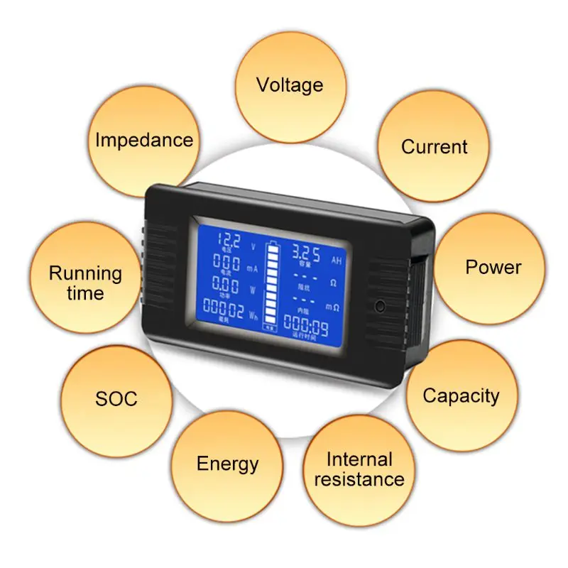 DC 0-200V 0-300A Battery Tester Voltmeter Ammeter Power Impedance Capacity Energy Time Meter 50A/100A/200A/300A Battery Monitor