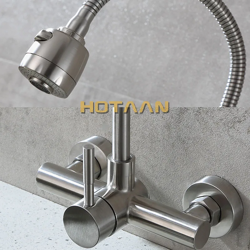 Wall Mounted Stream Sprayer Kitchen Faucet Single Handle Dual Holes SUS304 Stainless Steel Flexible Hose Kitchen Mixer Taps 6032