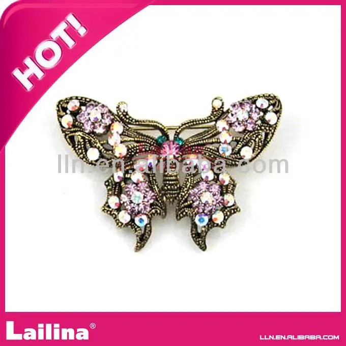 

Large Butterfly Pin Brooch Clear Crystal White Pearl Bronze Tone