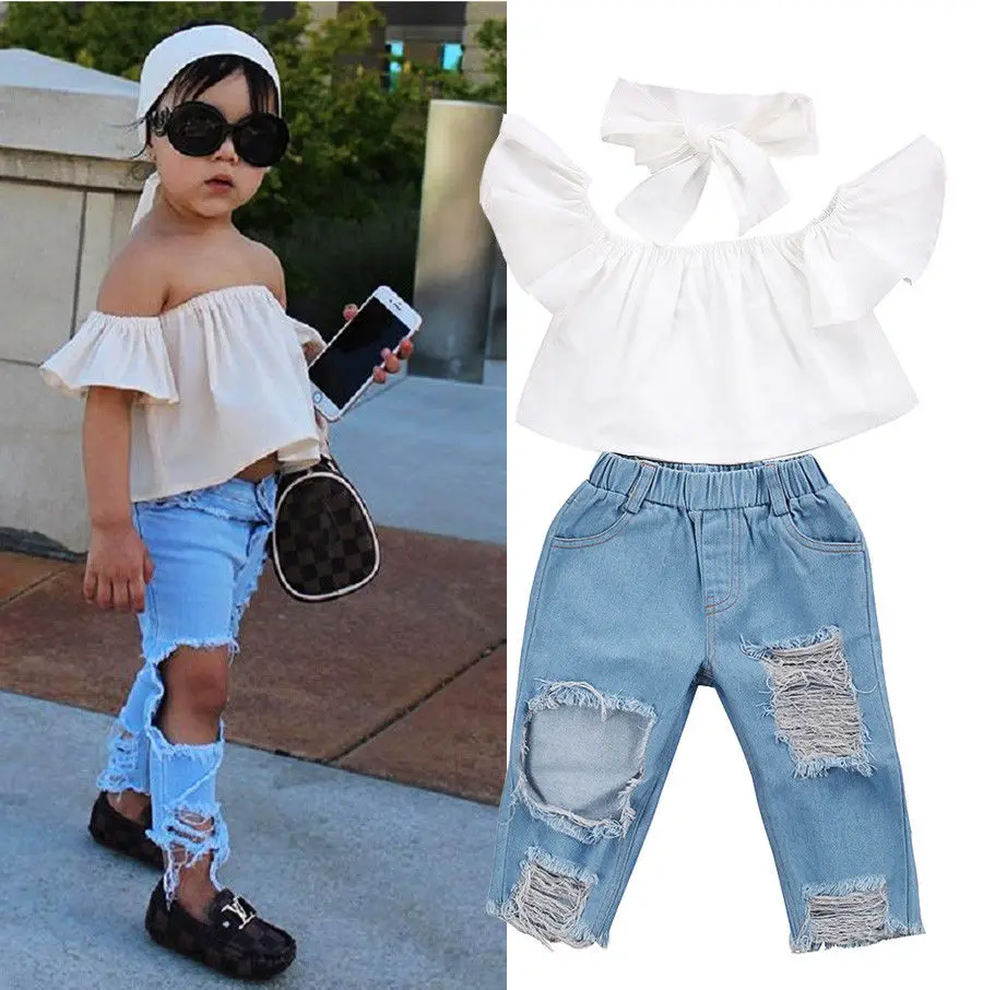 Conjunto de ropa de estilo callejero para niñas pequeñas, Tops con hombros  descubiertos, pantalones vaqueros rasgados, trajes de 1 a 6T, 3 uds. -  AliExpress Madre y niños