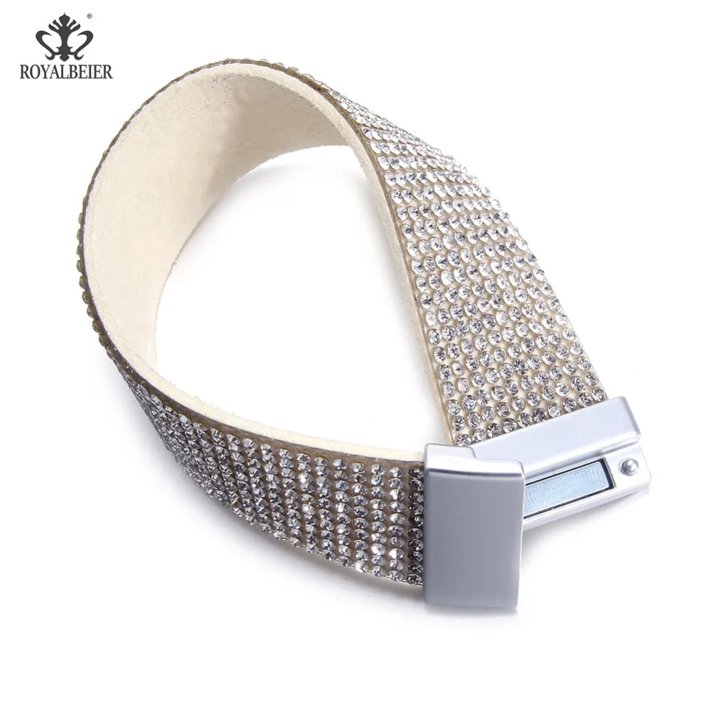 RoyalBeier New Fashion Leather Crystal Bracelet For Women Sparkling Rhinestone Inlaid Women Soft Wide Magnet Buckle Pulsera