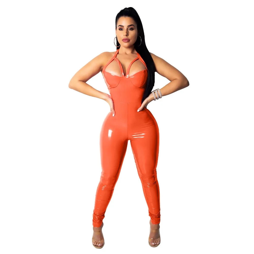 

BKLD Neon Orange PU Leather Rompers Womens Jumpsuit 2019 Summer Sexy Women Sleeveless Bodycon Club Womens Jumpsuits Long Pants