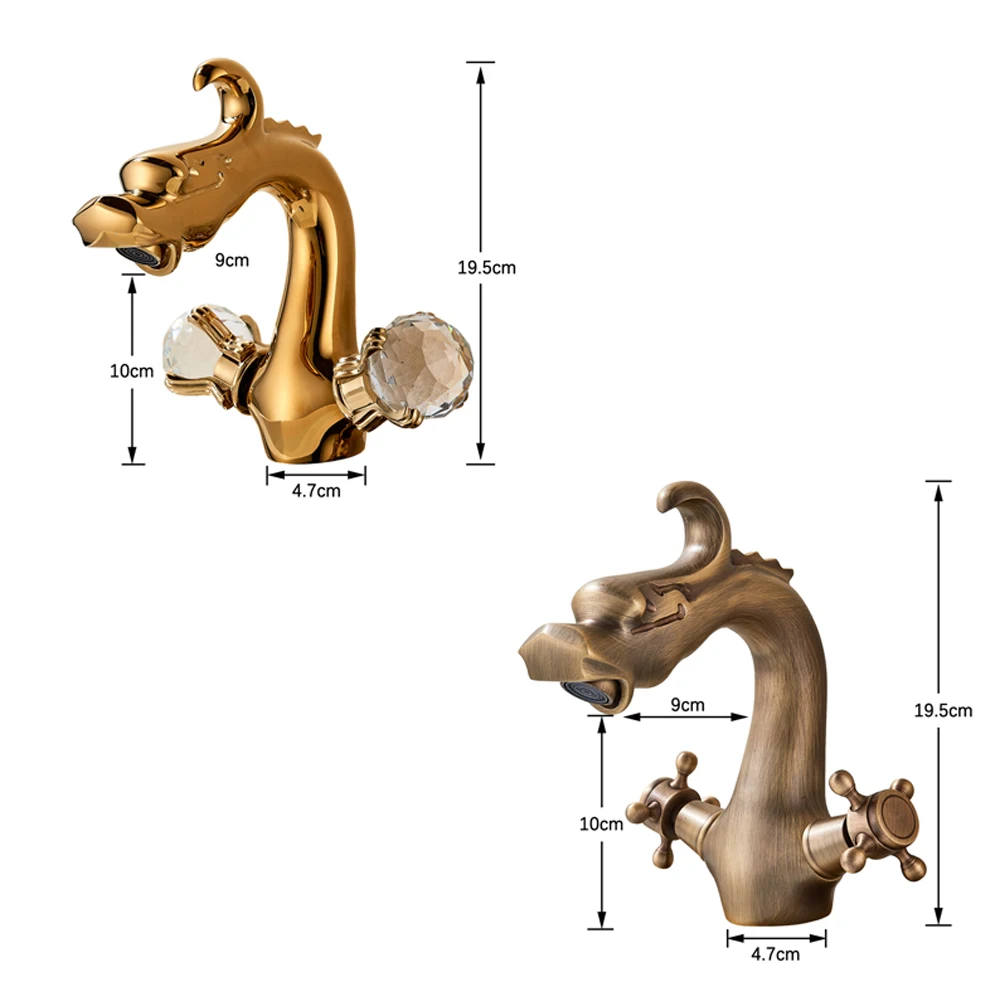 Китайский дракон кран для раковины, смеситель для раковины, кран на бортике, двойная кристальная ручка, смесители для горячей и холодной воды