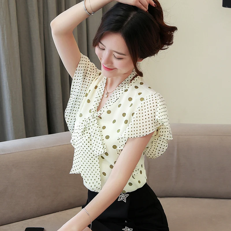  Dingaozlz Elegant Polka dot Women Blouse Female Korean fashion Chiffon Tops 2019 Summer New V-neck 