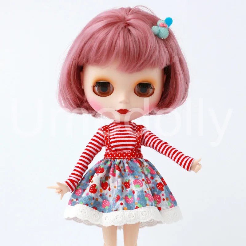 

1/6 Blyth Clothes Outfits Stripe T-shirts + Strawberry Strap Skirt for Licca, Middle Blyth, Ixdoll, Holala, OB11 Doll Toy