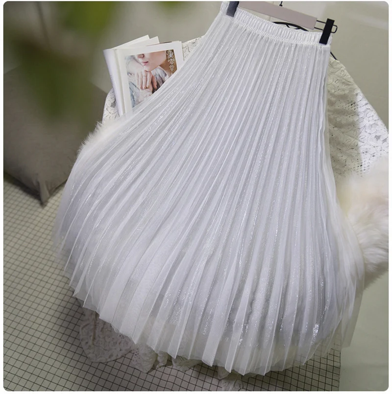 Women's 3 Layer Bright Tulle Skirt Ladies Korean High Waist Shining Tutu Skirt Pleated Mesh Midi Skirts Faldas Autumn - Цвет: Sliver gray