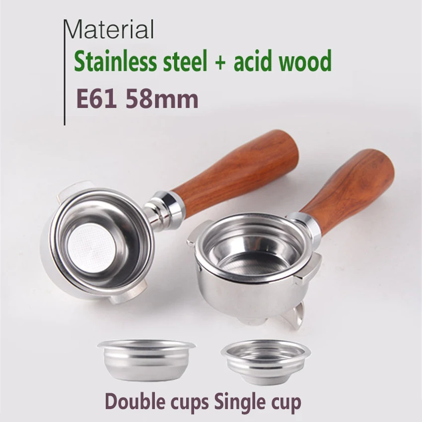

Espresso Coffee Machine Bottomless Filter Holder Portafilter E61 58MM Solid Wooden Handle Stainless Steel Professional Accessory