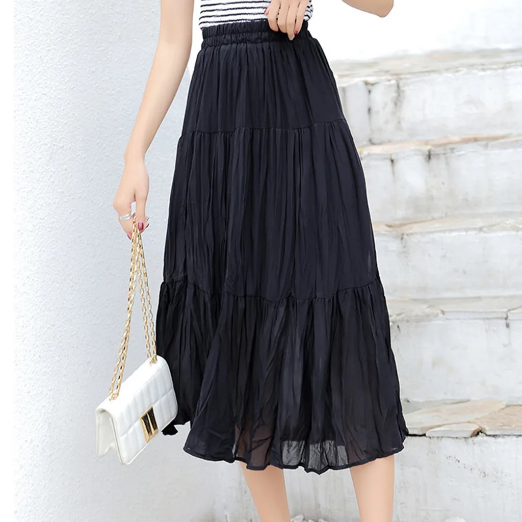 Women Chiffon long skirt Candy Color Pleated Women Skirts Solid Chiffon Pleated Retro Long Maxi Skirt Elastic Waist Skirt 5.7