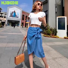 Женская одежда с высокой талией, на шнуровке, однотонная Потертая джинсовая Асимметричная юбка, женские модные уличные узкие джинсы, юбки S3591