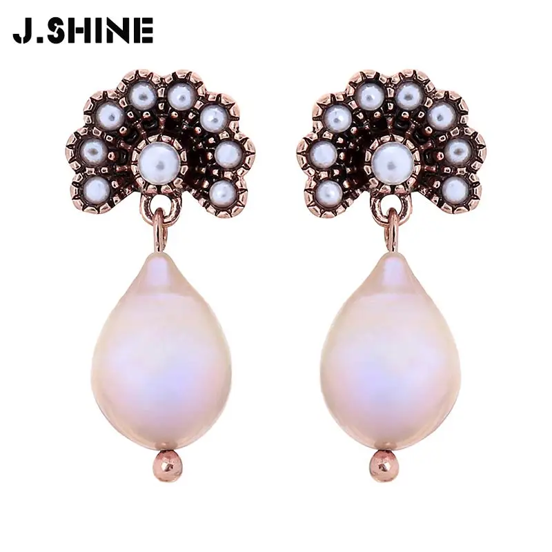 

J.Shine Freshwater Pearl Earrings Luxury Brand Imitation Pearl Flower Geometric Drop Earrings Women's Decoration Accessories