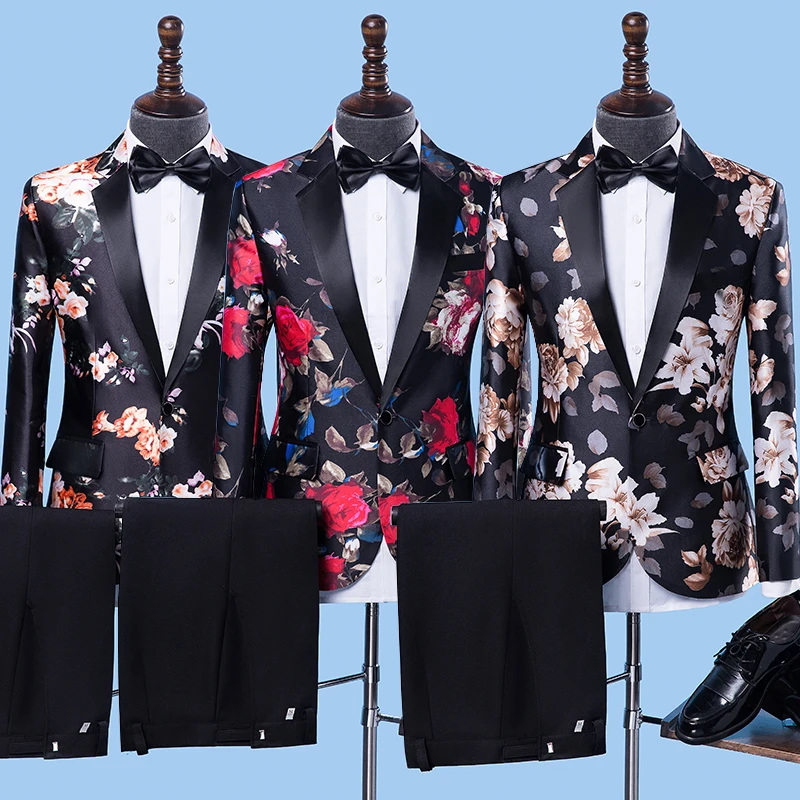 

Jacket+Pants+Bowtie Floral Business Men Suits Blazer White Black Suit Wedding Party Groom Prom Stage Male Vocalist Compere Dress