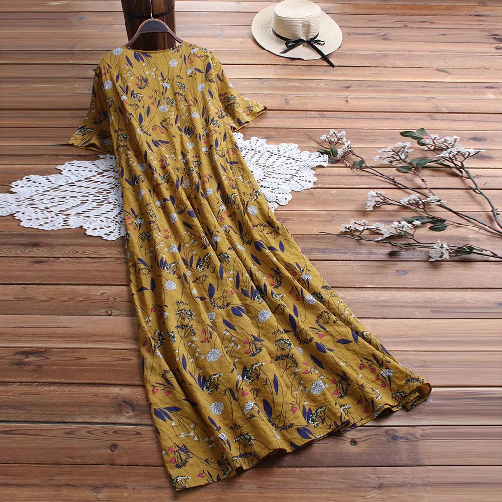 Women Summer Dress Pleated Leaves Floral Print O-Neck Short Sleeve Vintage Maxi Dress Female Fashion Vestidos Plus Size M40