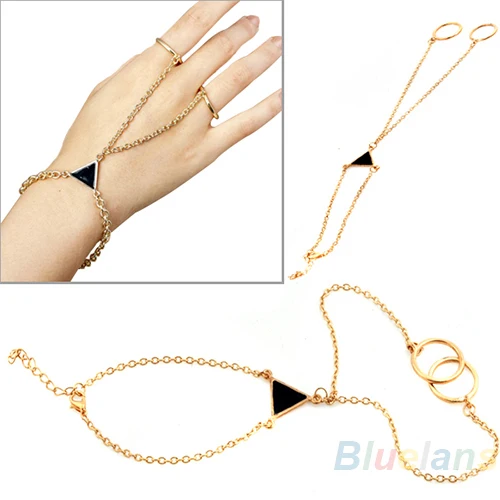 

2014 Hot Selling Fashion Stylish Punk Triangle Gold Alloy Chain Link Two Double Finger Bracelet Novelty Item 1N9Z