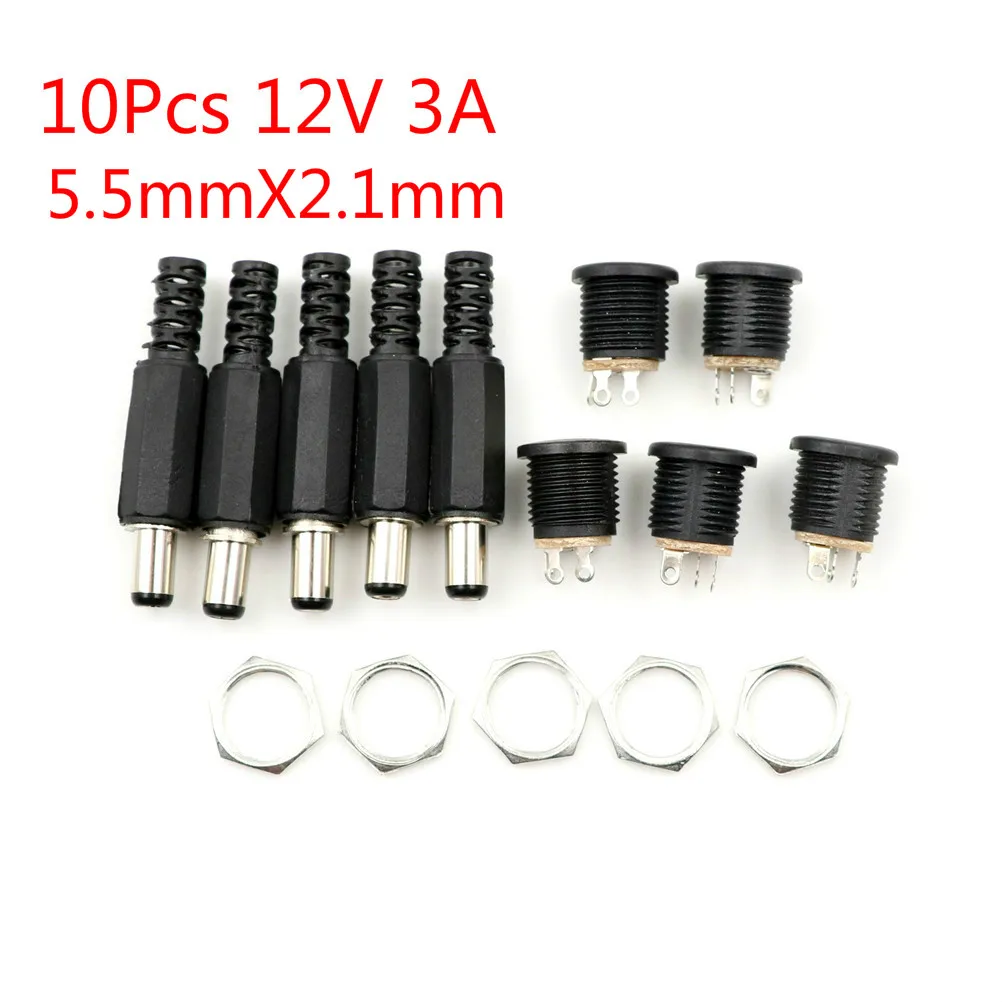10PCS DC Power Connector Pin 2.1x5.5mm Female Plug Jack + Male Plug Jack Socket Adapter PCB Mount DIY Adapter Connector 2.1X5.5