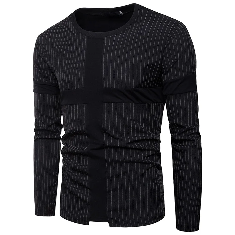 Mens clothing T-shirt chest cross stitching fashion tshirts stripe design casual long sleeves male tops 2colour Mens clothing T-shirt chest cross stitching fashion tshirts stripe design casual long sleeves male tops 2colour