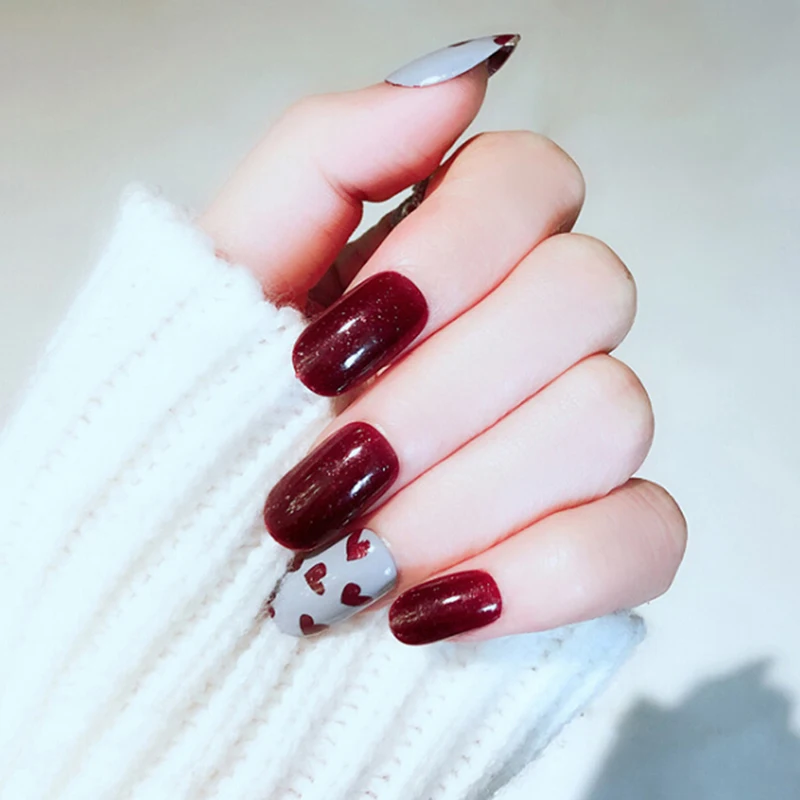 

24pcs/set Heart Pearl Fake Nails Lattice Grid Artificial French Multiple Colors False Nails Tip Press On Nails With Glue Sticker