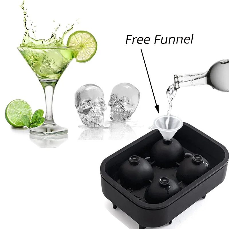 

3D Skull Ice Cube Mold Maker Skull Shape Whisky Wine Ice Cube Tray Chocolate Ice Cream Mould Bar Party Supplies With Free Funnel
