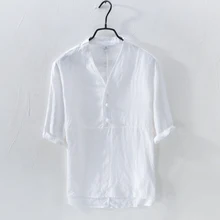 Китайский стиль льняная рубашка мужская v-образным вырезом случайные свободные рубашки мужские модный бренд льняные рубашки мужской летней Camisa masculina