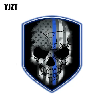

YJZT 10.2CM*13CM Personality Reflective Decal Blue Line Skull Shield Decal Skull Car Sticker PVC 6-0403