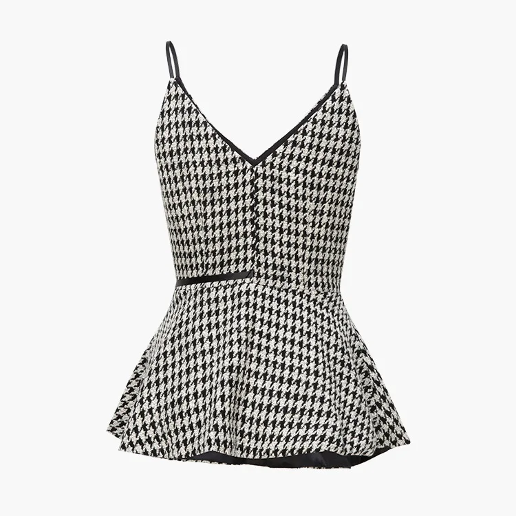 New Kind of Black-and-White Chickbird Lattice Wool Waist Receiving Velvet with Open Forked Outside Sling Belt for Spring 2019 New Kind of Black-and-White Chickbird Lattice Wool Waist Receiving Velvet with Open Forked Outside Sling Belt for Spring 2019