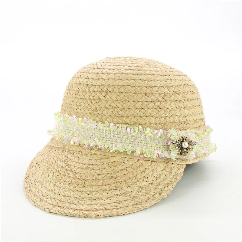 New Design Tweed Belt Raffia Baseball Caps Fashion Women Beach Hats With Bee Female Summer Straw Sun Visor Caps Wholesale - Цвет: green pink