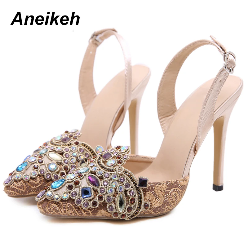 Aneikeh Fashion Silk Women Sandals Pointed Toe The Beads Thin High Heels Sandals Gladiator PU Sexy Party Apricot Size 35-40