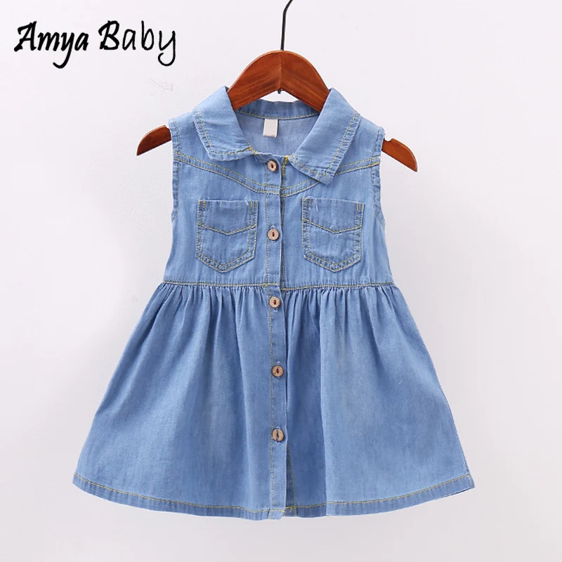 AmyaBaby Baby Girl Denim Dress Sleeveless Collar Baby Girl Summer