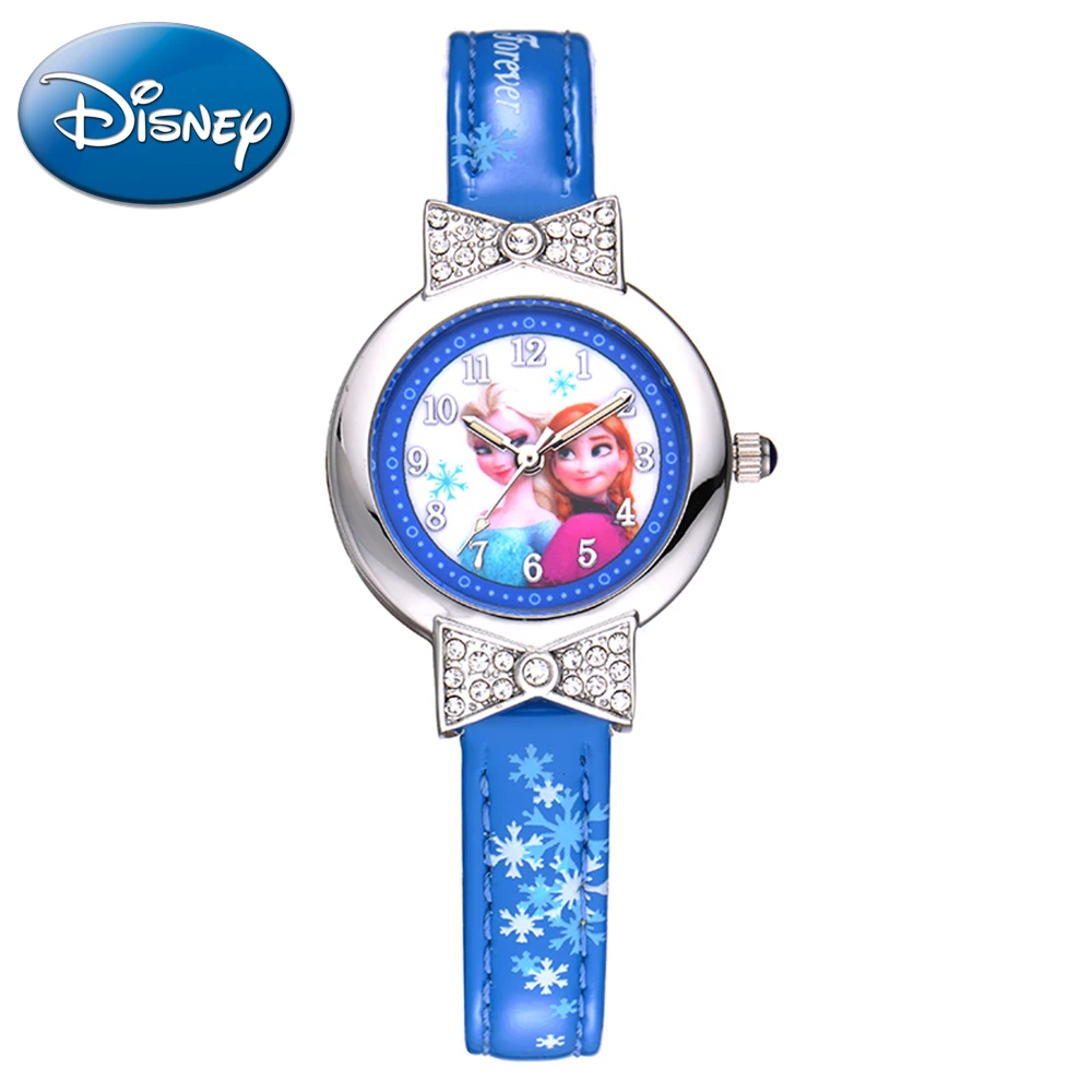

Disney Frozen Princess Elsa Anna Cuties Girl Luxury Rhinestone PU Band Quartz Waterproof Watch Child Blue Pink Watches Kid Clock