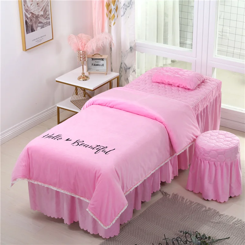 Beauty Salon Bedding Sets Coral Fleece Crystal Velvet Embroidery Bed Skirt Duvet Cover Pillowcase Bedspread High Quality Set#s - Цвет: -LY-04-fen