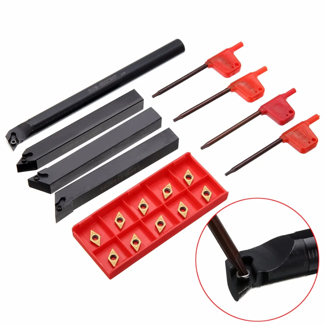 1 Set Alloy Steel Turning Tool 10pcs DCMT0702 Carbide Inserts + 4pcs 12mm Lathe Boring Bar Turning Tool Holder + Wrench
