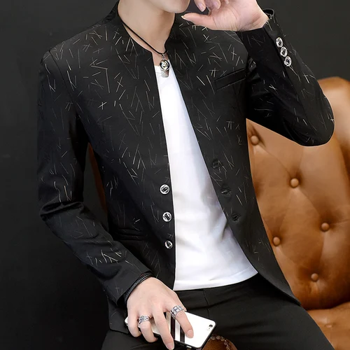 HOO 2024 남성용 캐주얼 칼라 블레이저, 젊은이, 잘 생긴 트렌드, 슬림 프린트 블레이저, 5XL, 6XL 2