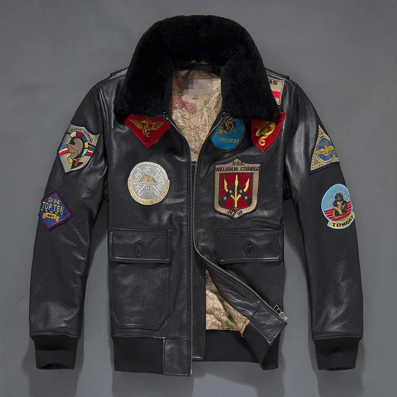 

Men 2019 TOP Vintage Pilot Leather Jacket Brown Wool Collar Plus Size Genuine Cowhide Russian Aviator Coat FREE SHIPPING