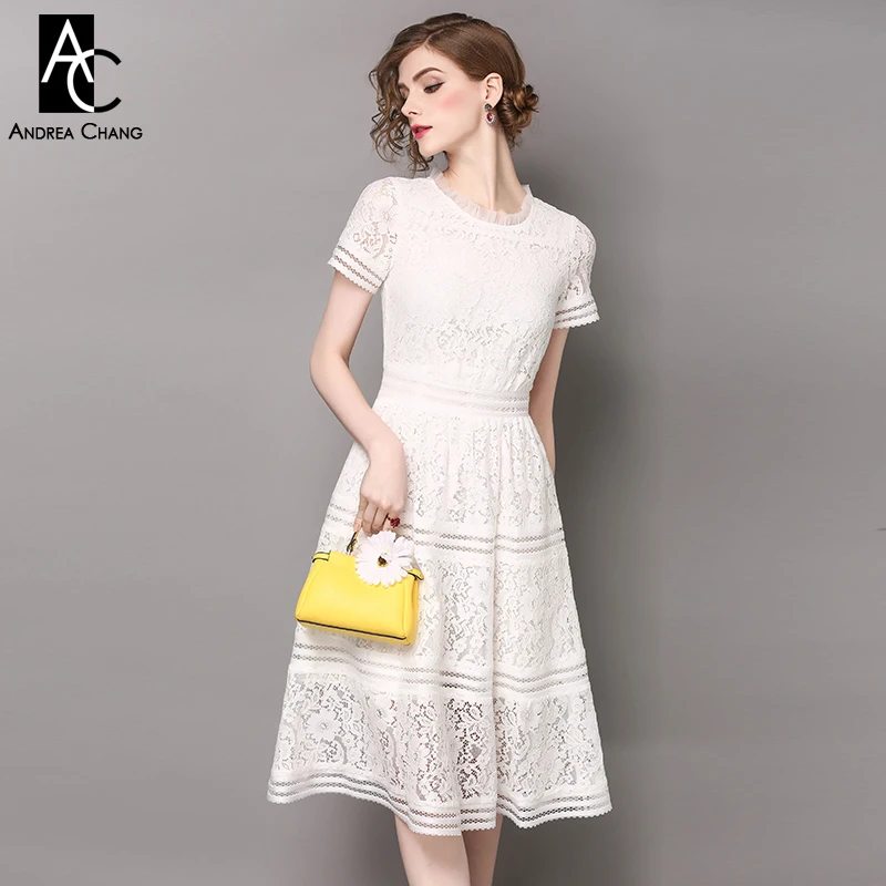

spring summer runway designer womans dresses white pink lace dress over knee calf length dress ashion vintage high quality dress