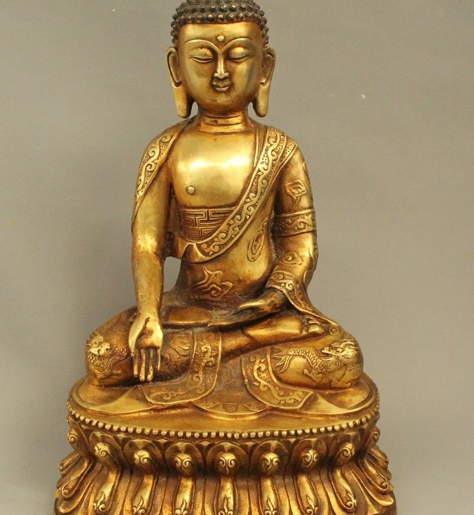 

11" Tibet Buddhism Bronze Gilt Shakyamuni Amitabha Buddha Dragons Statue