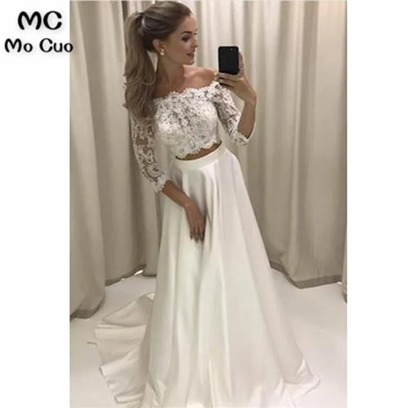 Two Piece 3 4 Sleeve Off the Shoulder Lace Satin Beach Wedding Dress,Prom Dress