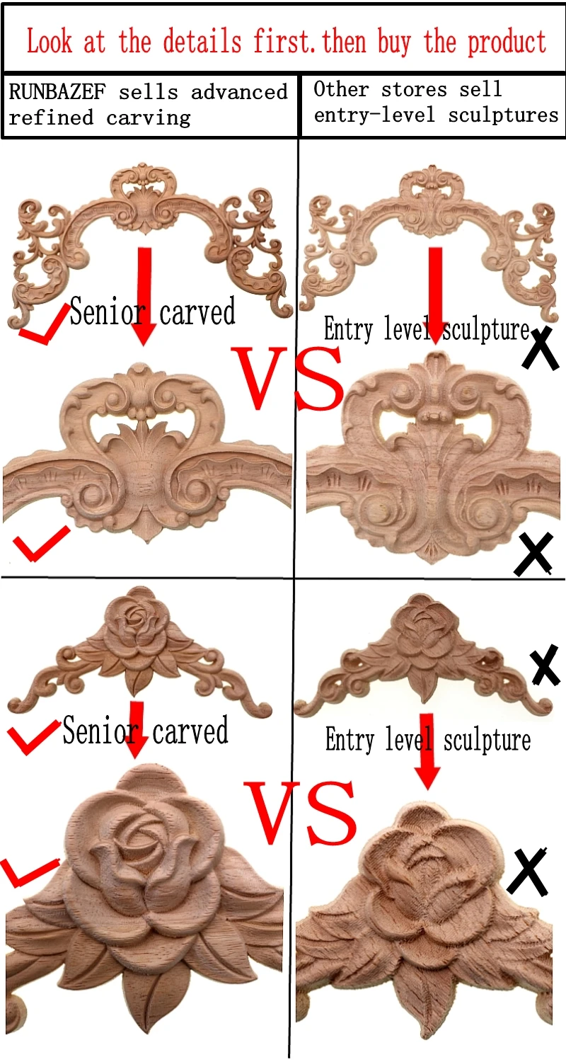 RUNBAZEF Exquisite Classic Rubber Wood Carved Applique Furniture Natural Square Decal Home Decoration Accessories Ornaments