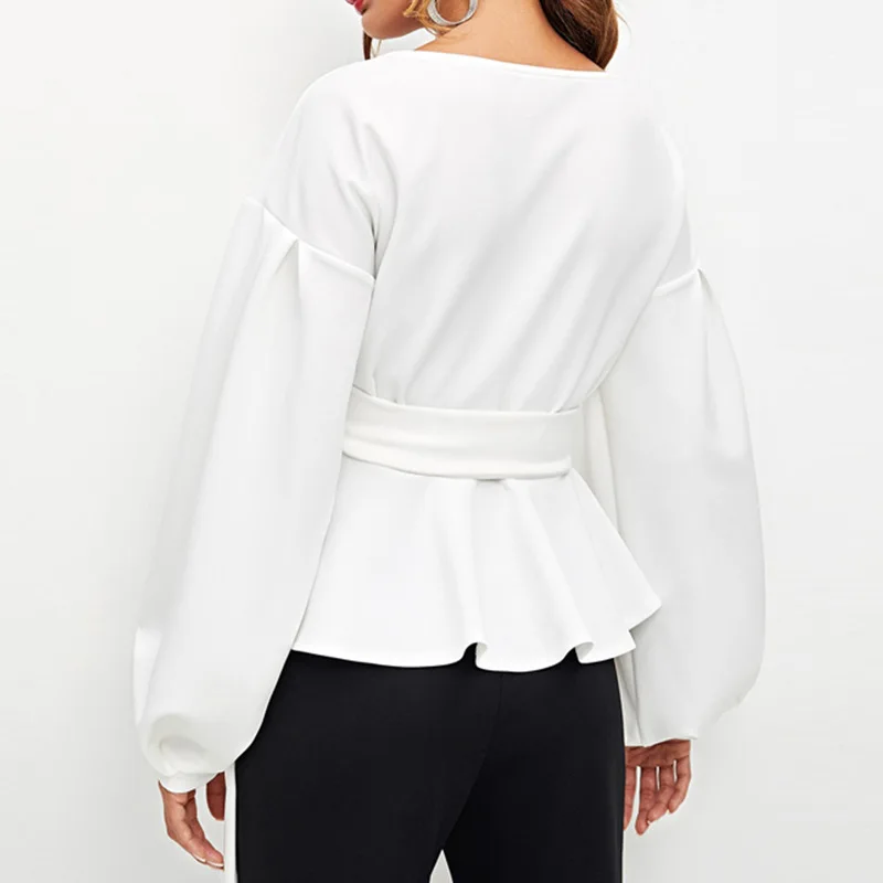 iClosam Elegant White Blouses Office Ladies Lantern Sleeve Blouse Solid Color Autumn Sexy Black Women Tops