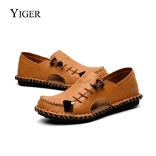 YIGER/Новинка; мужские сандалии из натуральной кожи; мужские сандалии для отдыха; летняя пляжная обувь; повседневная мужская обувь; мужские сандалии с вышивкой; цвет коричневый; коллекция 0080 года