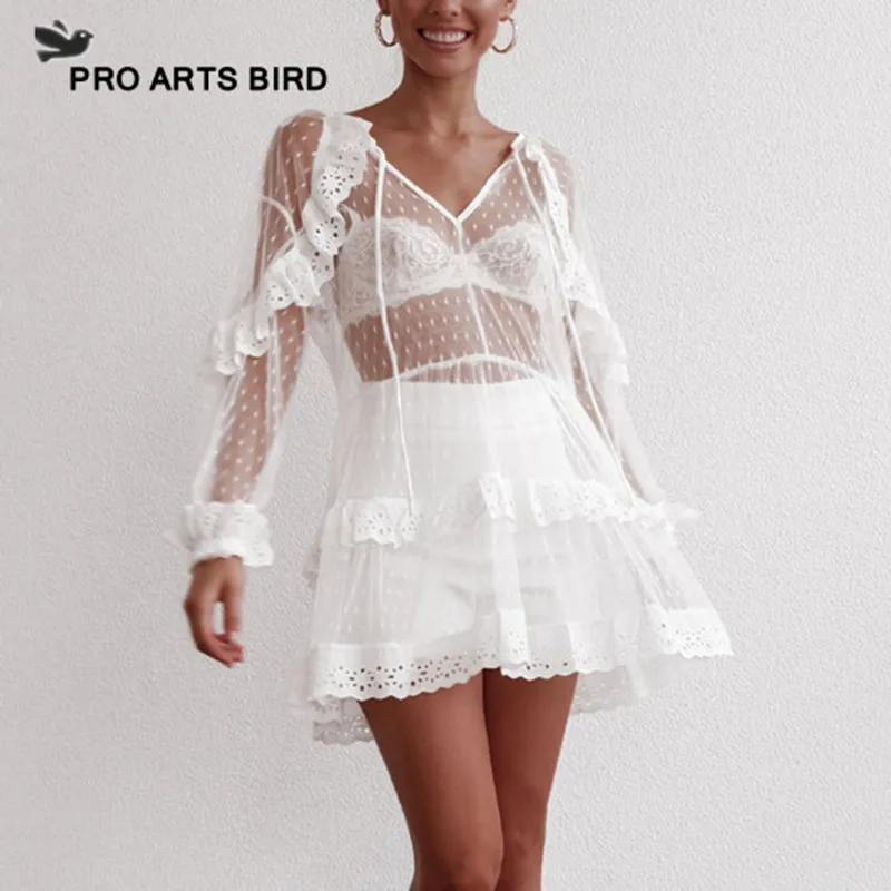 2019 أزياء النساء حزب Vestido كم طويل سليم مثير الحلو الأبيض الجوف اللباس جديد وصول شاطئ البسيطة اللباس