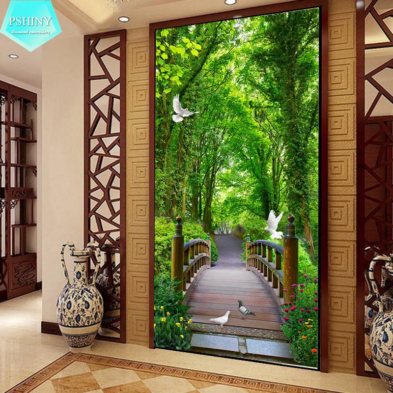

PSHINY 5D DIY Diamond embroidery Bridge in the forest scenery Picture Full Square rhinestone mosaic Diamond Painting cross stich