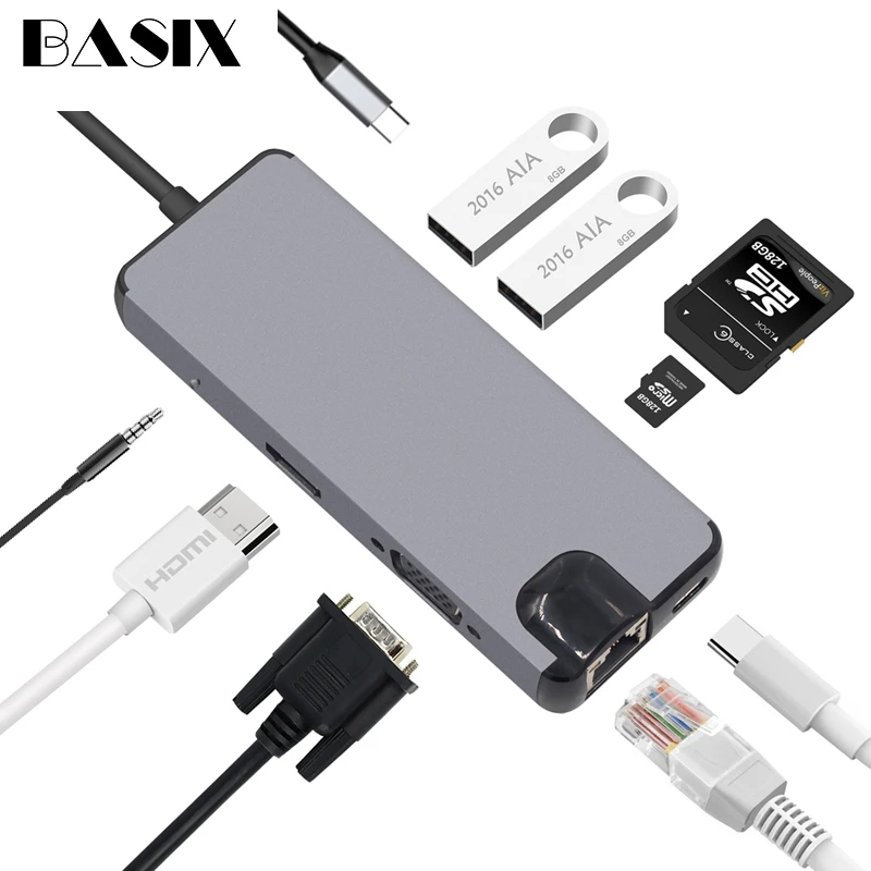 Basix USB-C HUB Type C HUB to USB 3.0 Thunderbolt 3 HDMI 3.5mm Audio RJ45 Adapter for MacBook Pro Samsung Galaxy S9 USB C HUB