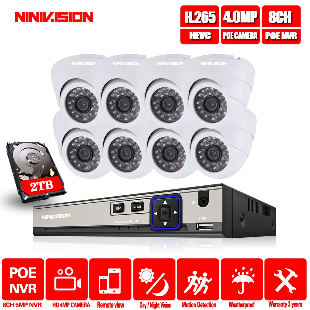 NINIVISION 8CH 5MP POE NVR CCTV система 4.0MP Крытый Открытый Купол PoE IP камера ИК Ночное P2P видео