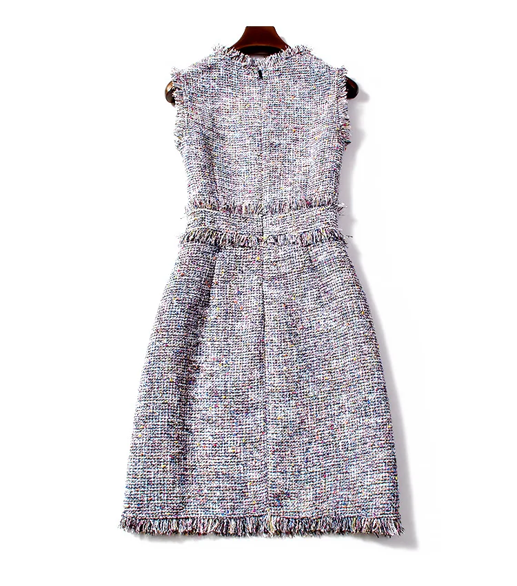 Высококачественное Женское зимнее клетчатое твидовое платье с бахромой подиумные платья винтажное платье без рукавов с бриллиантами и бантом серое мини-платье