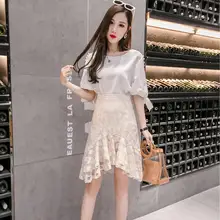 Летняя юбка Для женщин Корейский Lap Топ Высокая Талия нерегулярные рябить труба/Русалка Кружева Модные Офисные женские туфли юбка