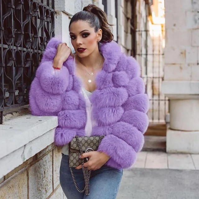 

GTGYFF purple pink hooded faux fake fur jacket coat for women oversize furry warm thermal jackets coats hoodies outerwear S-3XL
