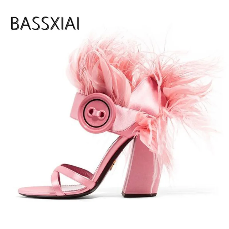 

2019 Ostrich Feather Sandals Women Open Toe Button Luxury Satin High Heel Shoes Woman Sexy Gladiator Sandals