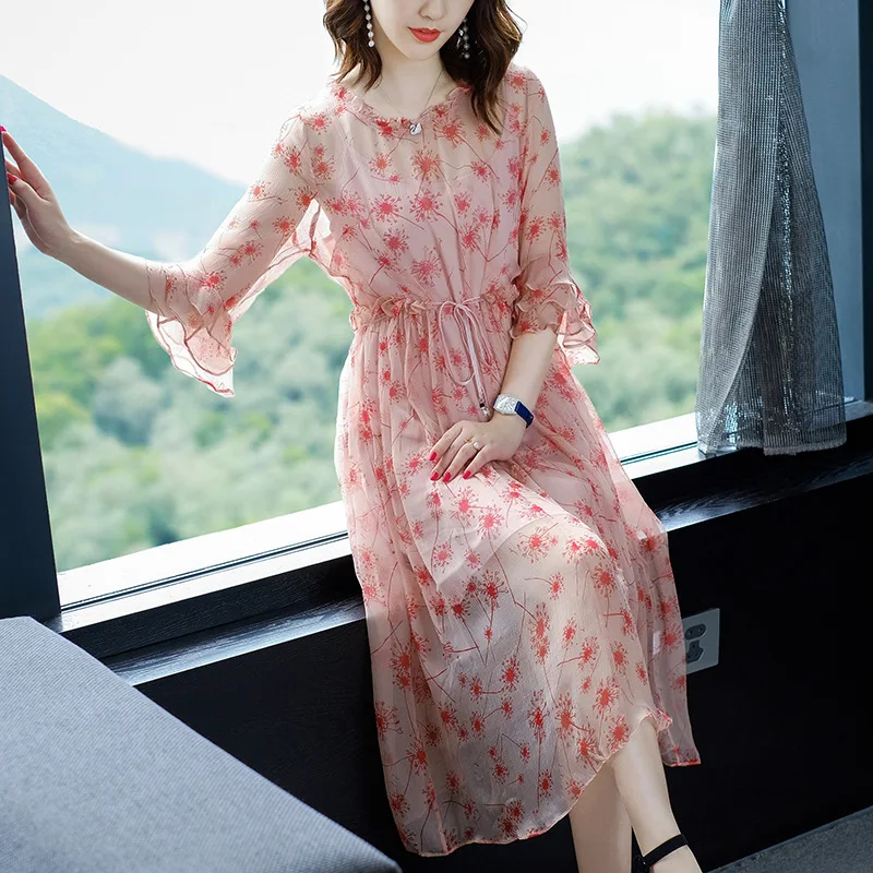 

2019 Spring New Women's Real Silk Casual Dress Luxury High End Elegant Three Quarter Sleeve Printing 2 pieces Dress 48171